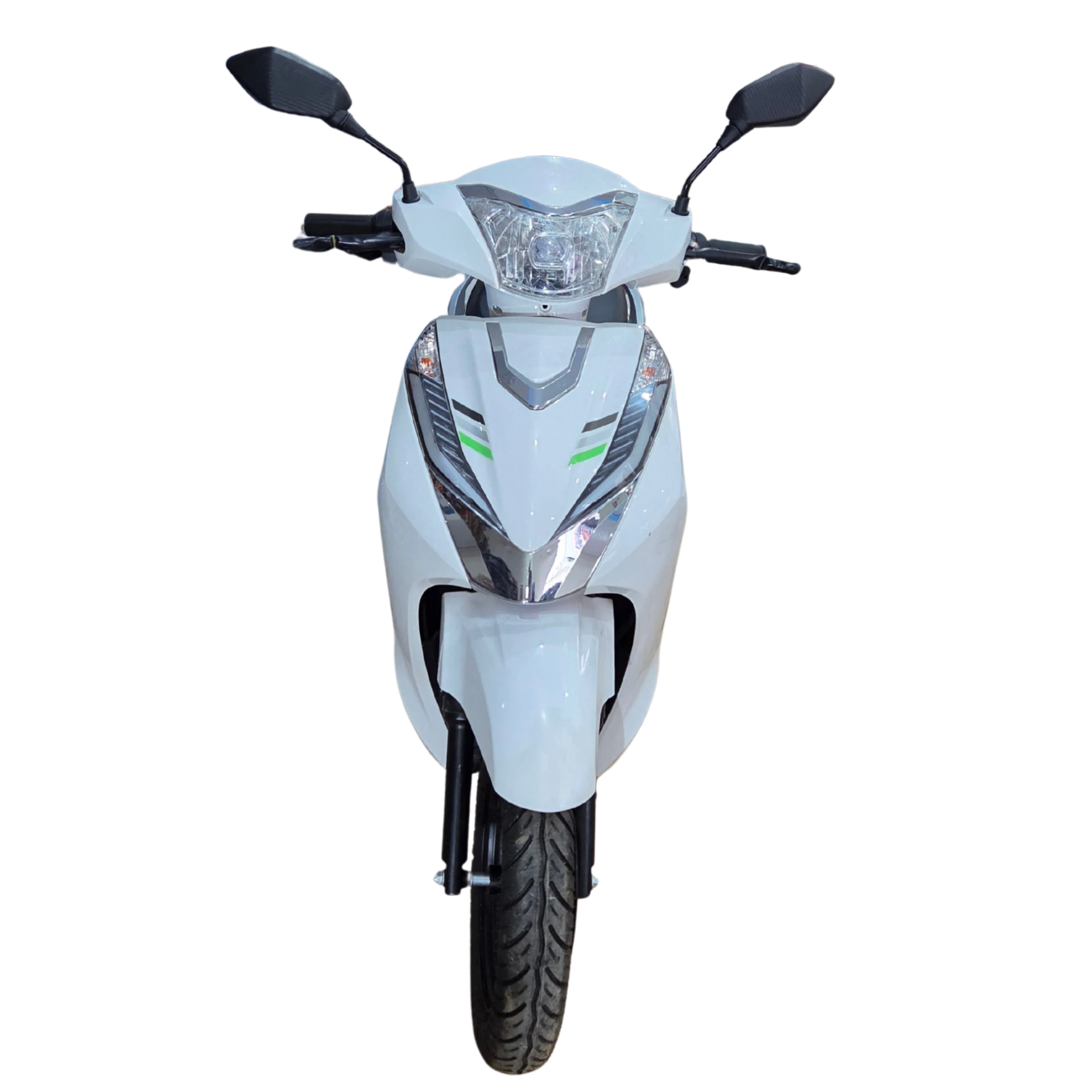 eOxigen Demeter CS2 electric scooter front view with chrome V-shaped trim