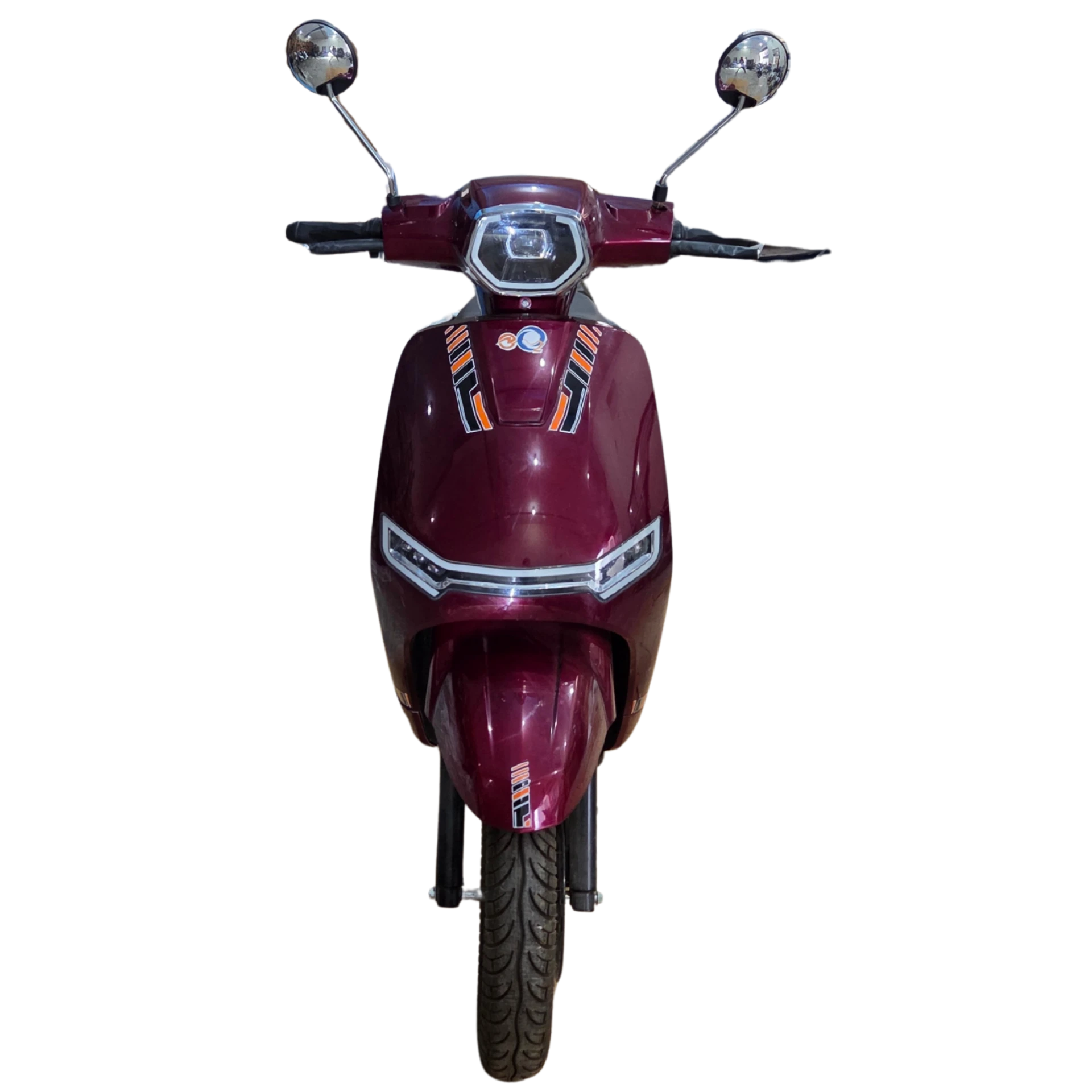 eOxigen Cyclops DFQ electric scooter front view in maroon with chrome mirrors