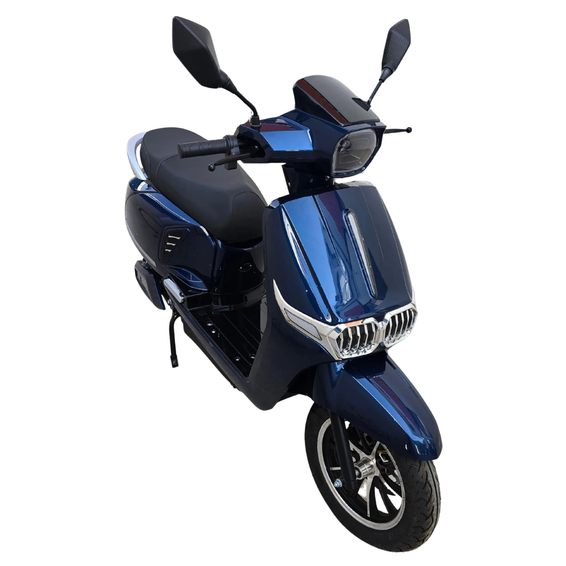 eOxigen Athena electric scooter in deep blue, front three-quarter view with chrome grille